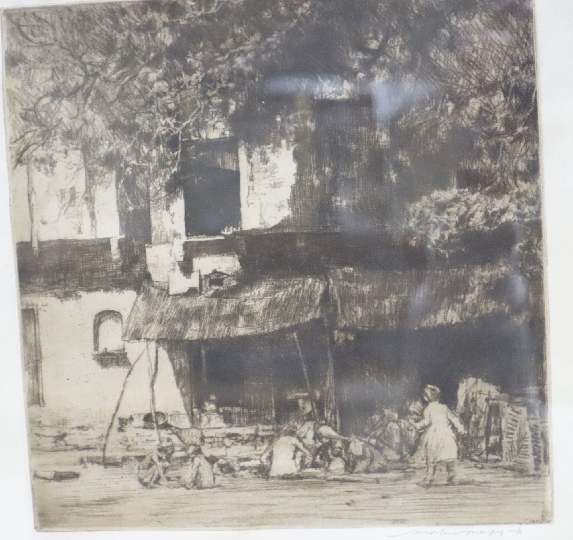 After Mortimer Luddington Menpes (1855-1938), a group of five framed monochrome etchings with drypoint, 21.5 x 24.5cm (largest)